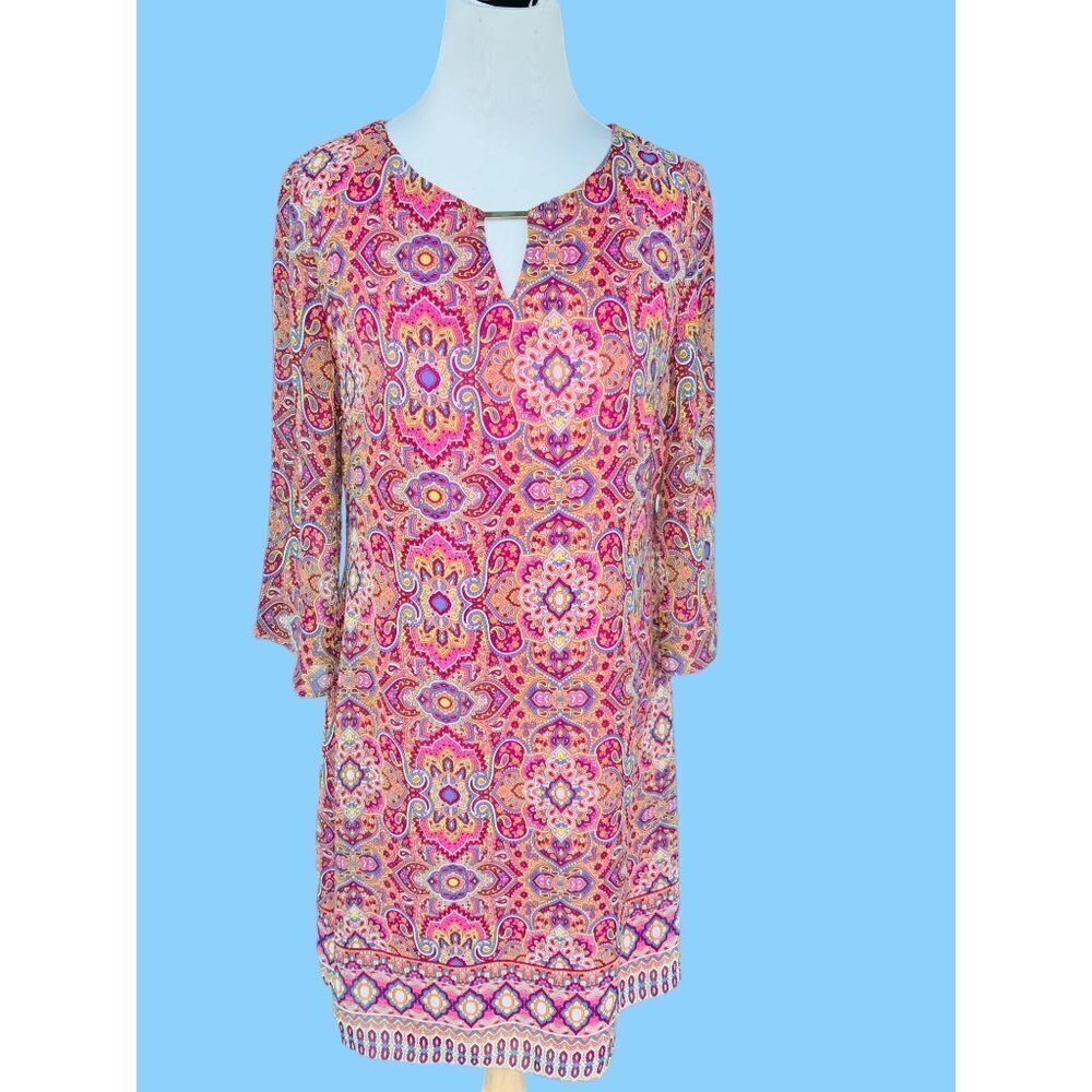 TACERA LADIES KEYHOLE FRONT ABSTRACT PAISLEY QUARTER SLEEVE LINED DRESS EUC M